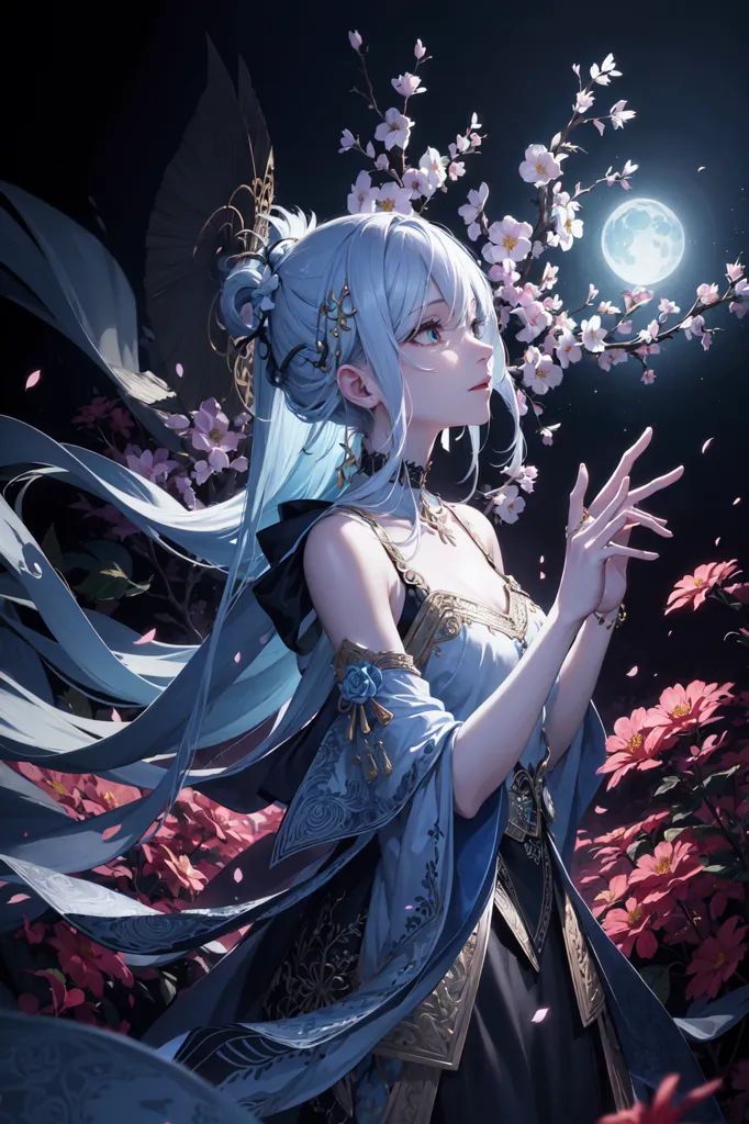 The image is of a beautiful anime girl with long white hair and blue eyes. She is wearing a white and blue dress with a long white cape. She is standing in a field of pink flowers, with a full moon in the background. There are also some cherry blossoms in the background. The girl is looking at the moon with a serene expression on her face.