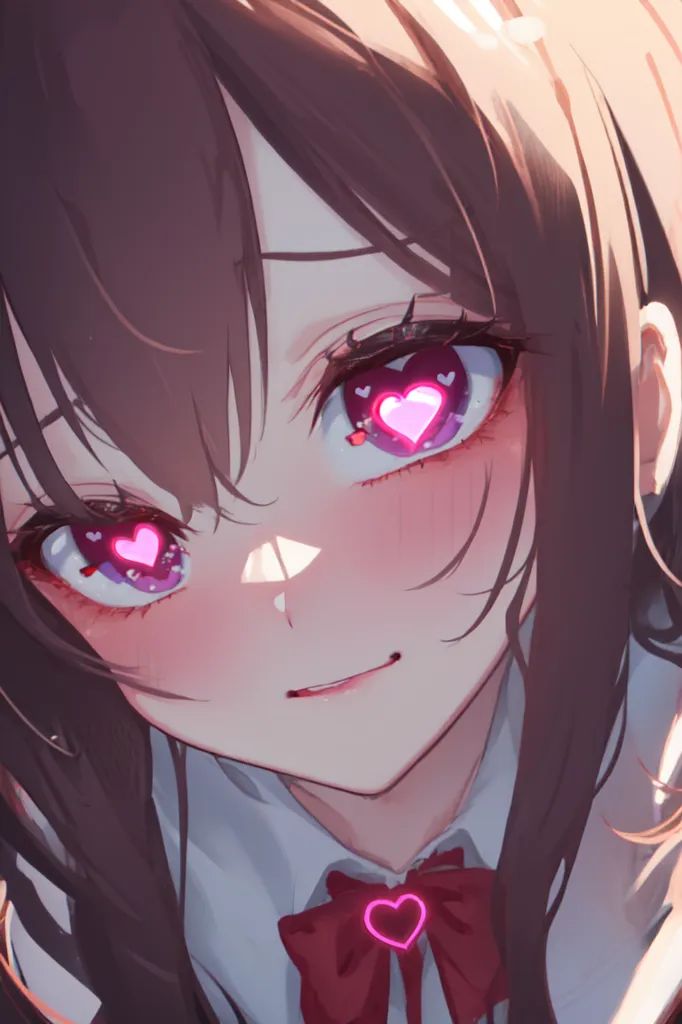 La imagen es un primer plano del rostro de una chica de anime. Tiene el cabello castaño y ojos rosados con forma de corazón. Tiene un rubor en forma de corazón rosa en cada una de sus mejillas. Lleva una camisa blanca con un lazo rojo. La imagen está dibujada en un estilo realista y los colores son vibrantes.