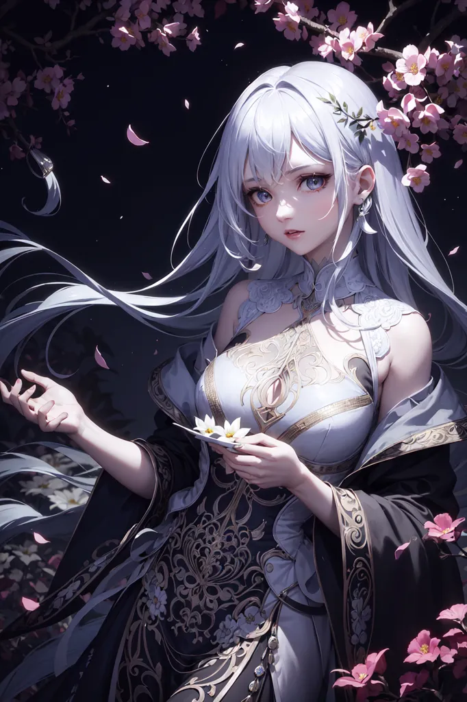 The image is a painting of a beautiful young woman with long white hair and blue eyes. She is wearing a white and gold dress with a high collar and a long skirt. The dress is decorated with intricate patterns and has a long train. The woman is standing in a dark forest, surrounded by cherry blossoms. She is holding a cup of tea in her right hand. The woman's expression is one of calm serenity. The painting is done in a realistic style, and the colors are vibrant and lifelike.