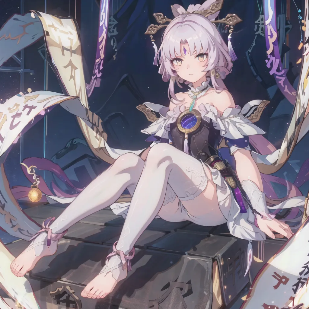 The image shows a young woman with white hair and purple eyes. She is wearing a white and purple dress with a black corset. She is sitting on a stone platform with her legs crossed. There are some papers with Chinese characters on them behind her.