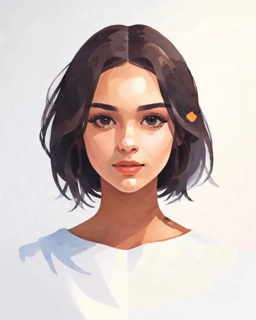 This is a digital painting of a young woman with short brown hair and light brown eyes. She is wearing a white shirt and has a small yellow flower in her hair. The background is a light grey. The painting is done in a realistic style and the artist has used a variety of techniques to create a sense of depth and realism. The woman's expression is one of calm and serenity. The painting is likely a portrait of the woman, and the artist has captured her likeness well.