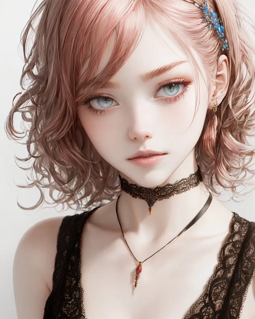 The image shows a young woman with pink hair and blue eyes. She is wearing a black lace choker with a red gem pendant. Her hair is short and wavy, and she has a gentle expression on her face. She is wearing a black dress with a white lace collar. The background is a soft, lig