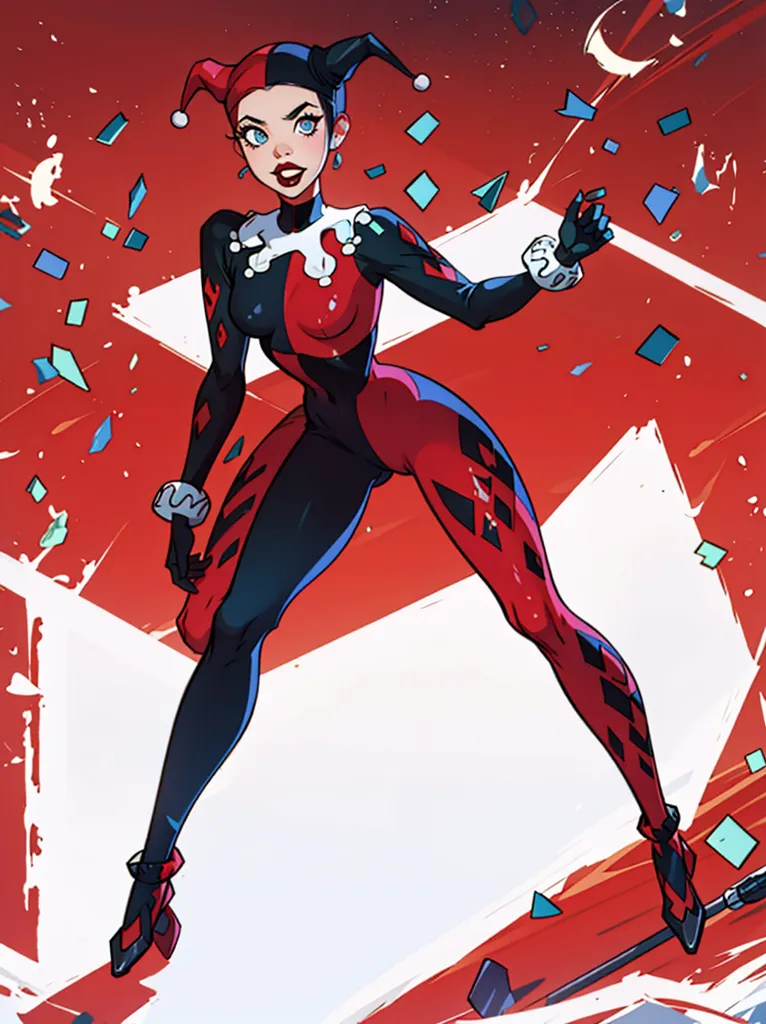 L'image représente Harley Quinn, un personnage de l'univers des comics DC. Elle est représentée dans une combinaison rouge et noire avec un col blanc et un chapeau de bouffon rouge et noir. Elle porte également une paire de bottes noires à semelles rouges et une paire de gants noirs. Ses cheveux sont longs et blonds, et elle a les yeux bleus. Elle est debout dans une pose confiante, la main gauche sur la hanche et la main droite pointée vers l'avant. Elle est entourée d'un fond rouge avec des accents blancs et bleus.