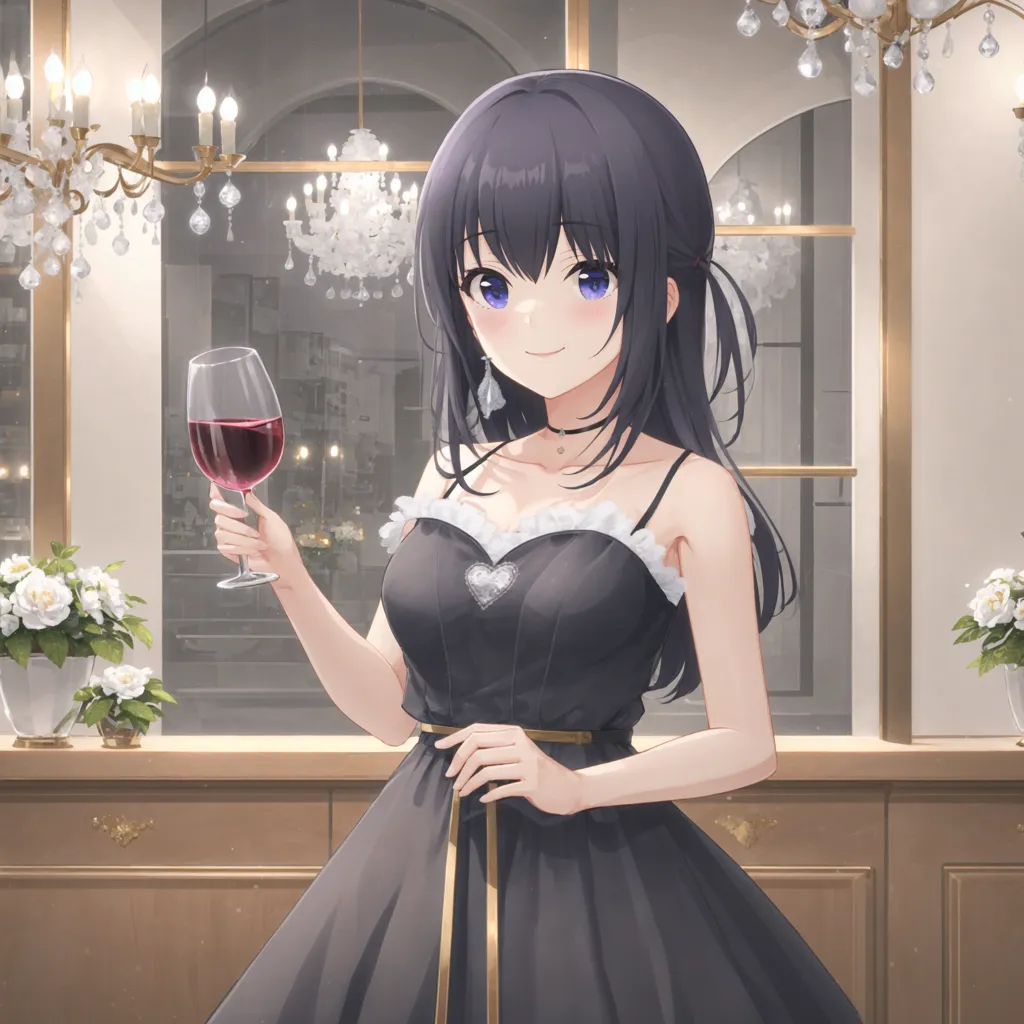 The image shows a young woman with long black hair and blue eyes. She is wearing a black dress with a sweetheart neckline and a gold ribbon at the waist. She is holding a glass of red wine in her right hand. There are white flowers on the table next to her. In the background, there is a large window with a view of a city at night.