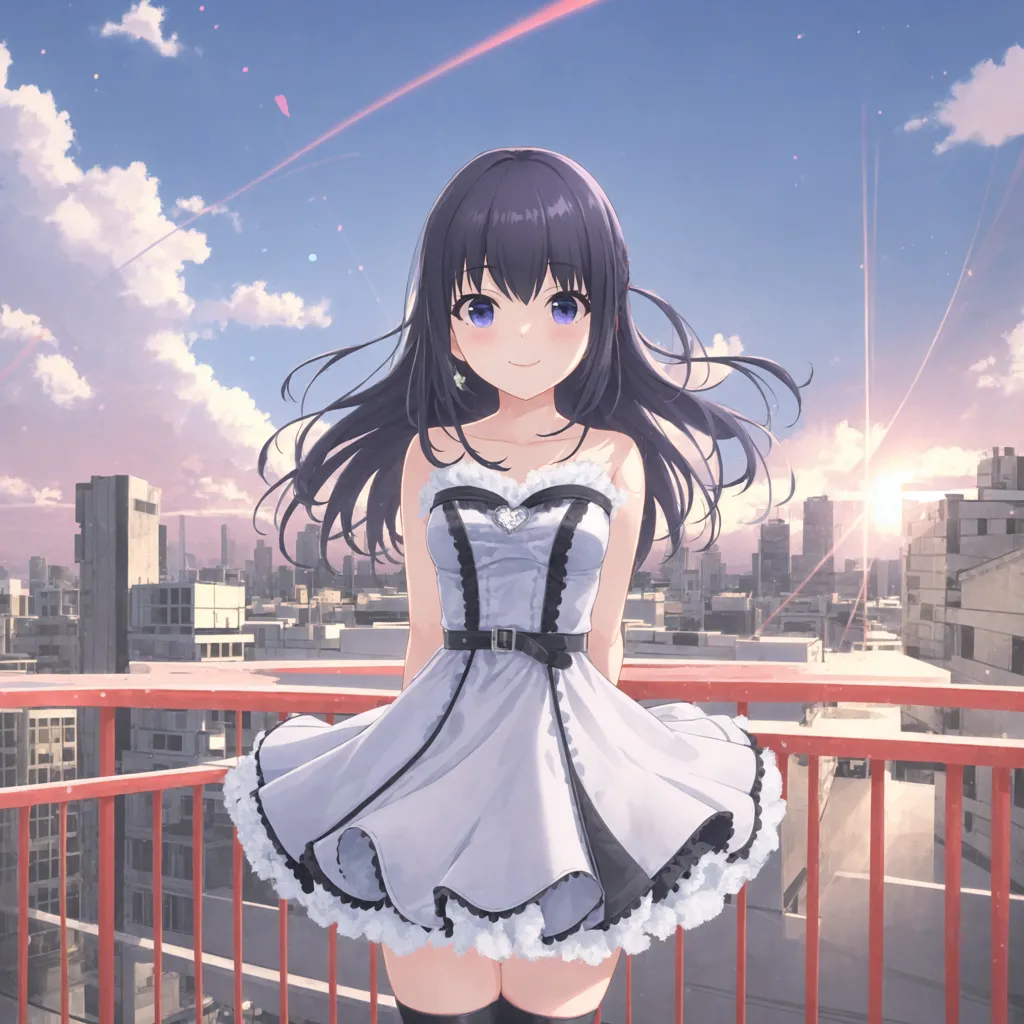 The image shows a young girl with long purple hair and blue eyes. She is wearing a white dress with a black belt and a black and white bow in her hair. She is standing on a rooftop, with a cityscape in the background. The sky is blue with white clouds and the sun is shining. The girl is smiling and looks happy.