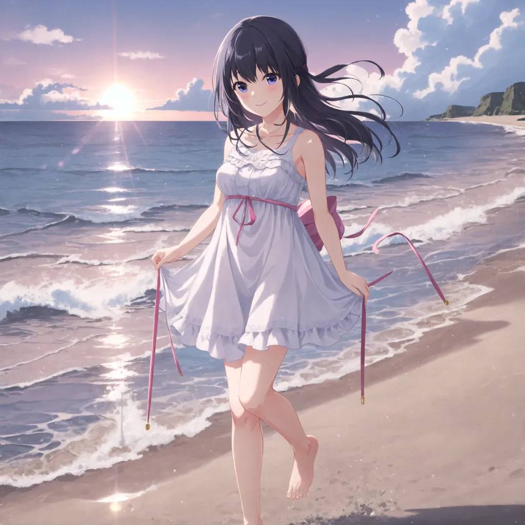 The image shows a young woman standing on the beach, with the ocean behind her and a rocky cliff to her right. She is wearing a white dress with a pink ribbon at the waist, and her long black hair is blowing in the wind. The sun is setting in the background, casting a warm glow over the scene.