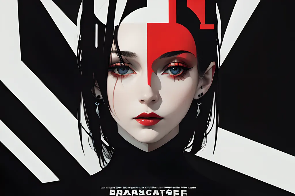 The image is a portrait of a young woman with short black hair. She has a red and white mask on the right side of her face and blue eyes. She is wearing a black turtleneck blouse. The background is black with white stripes.