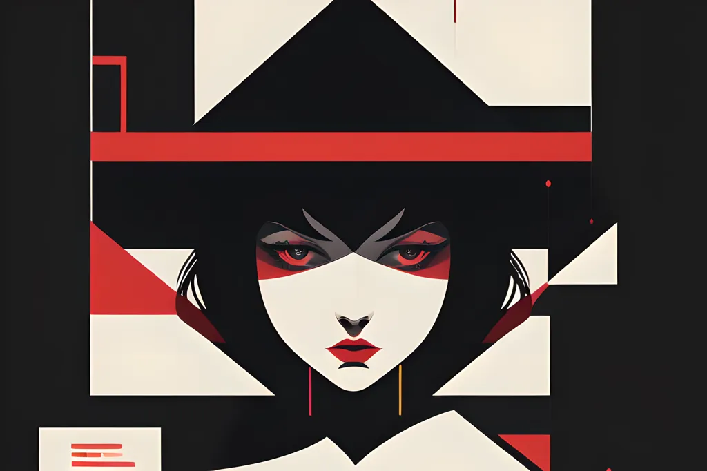 The image is a portrait of a woman with black hair and red eyes. She is wearing a black hat and a red scarf. The background is white with some red and black geometric shapes. The woman's expression is serious.