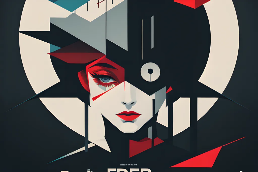 The image is a portrait of a woman. She has red hair, blue eyes, and red lips. She is wearing a black hat and a white shirt. The background is black with a white circle in the center. The circle is divided into four sections by two perpendicular lines. The upper left section is red, the upper right section is blue, the lower left section is white, and the lower right section is black.