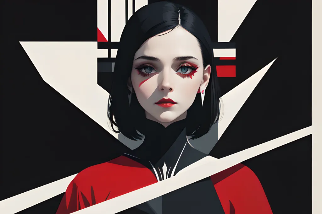 This is an image of a young woman with short black hair and red eyes. She is wearing a black bodysuit with a red cape. The background is white with black and red geometric shapes. The woman's expression is serious. She is looking at the viewer with her head tilted slightly to the right.