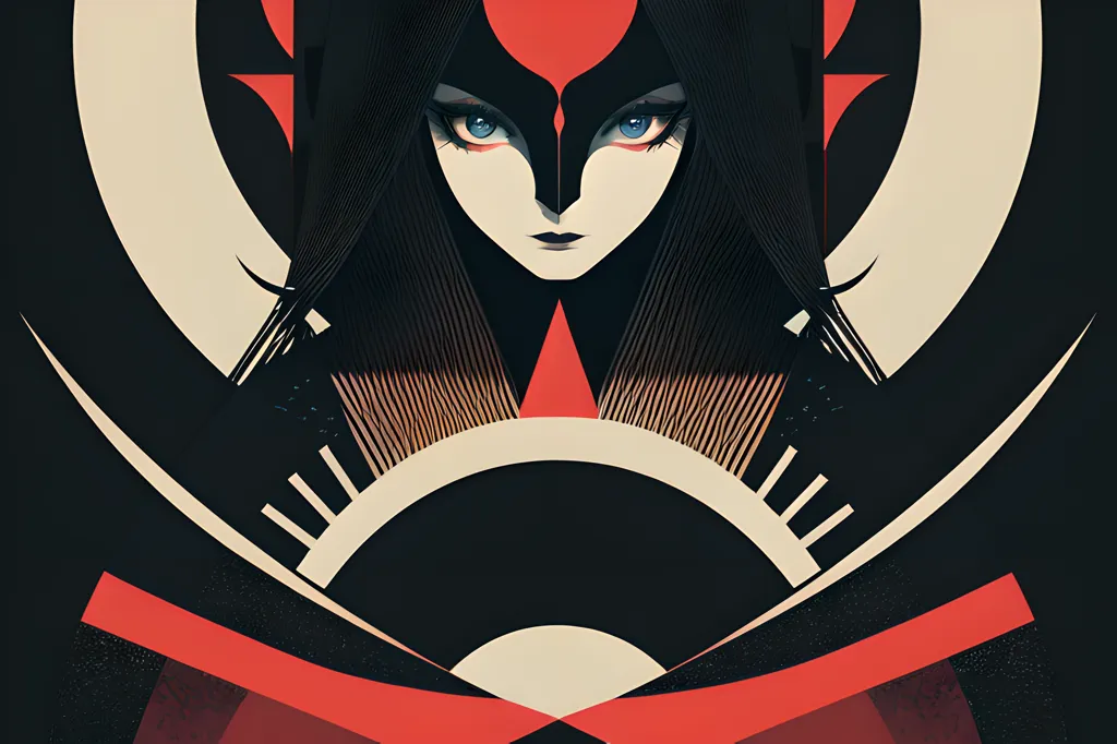 The image is a portrait of a woman with long black hair. She is wearing a red and white mask that covers her nose and mouth. Her eyes are blue and her skin is pale. The background is black with red and white accents. The woman is looking at the viewer with a serious expression.