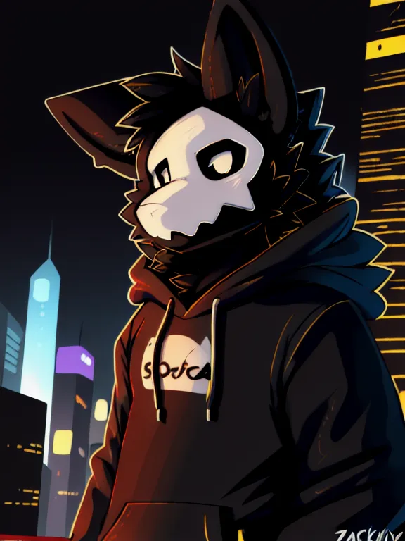 This is an image of a character from the video game "Protogen". The character is standing in a dark city with skyscrapers in the background. The character is wearing a black hoodie with a red and white logo on the front. The character has a skull-like face with glowing yellow eyes.