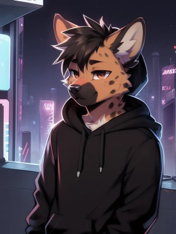 The image is a portrait of a male hyena furry. He is wearing a black hoodie and looking at the viewer with a neutral expression. He has short brown hair and brown eyes, and his ears are perked up. The background is a blurred city at night.