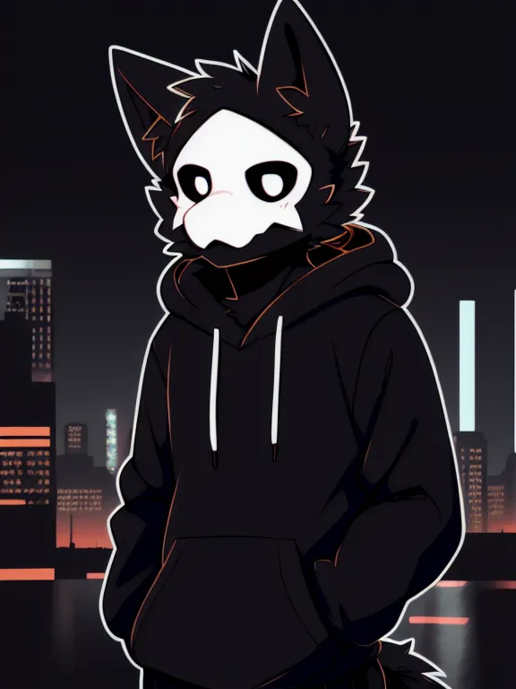 The image is a cartoon drawing of a protogen, which is a type of furry creature with a robotic body. It is standing in a dark city, with buildings and lights in the background. The protogen is wearing a black hoodie and has a skull-like mask with glowing red eyes. It is looking at the viewer with a neutral expression.