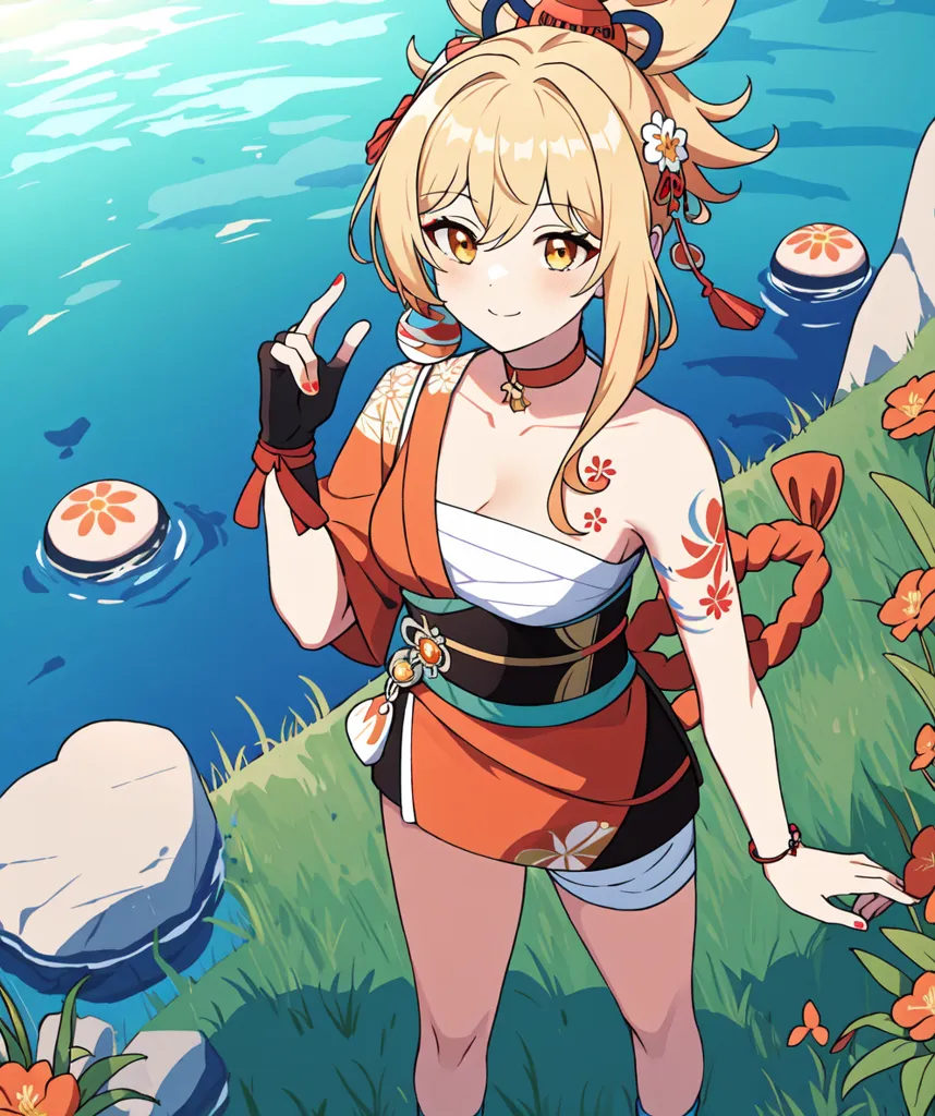 The image shows a young woman standing on the shore of a body of water. She is wearing a kimono-style outfit with a white top and an orange skirt. She has long blonde hair and yellow eyes. There are flowers in her hair and around her waist. She is smiling and has her right hand raised in the air. There are rocks and flowers on the shore and stepping stones in the water.