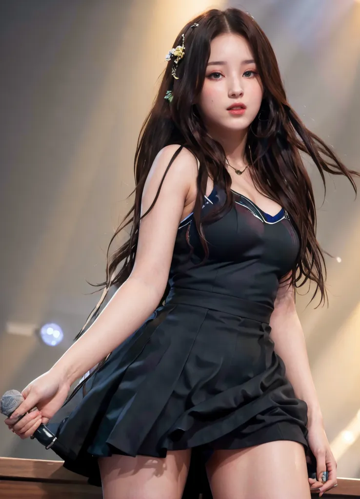 The image shows a young woman with long, dark hair. She is wearing a black dress with a pleated skirt and a sweetheart neckline. She is also wearing a necklace and a bracelet. Her hair is styled with a half-up, half-down hairstyle and she has a flower-shaped hair accessory on the right side of her head. She is holding a microphone in her right hand and is looking at the camera with a serious expression. She is standing in front of a dark background with bright lights.