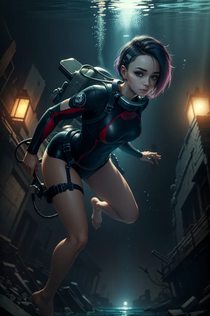 This is an image of a woman in a wetsuit and scuba gear swimming in a dark, flooded city. The water is murky and green, and the city is in ruins. The woman is wearing a black wetsuit with red accents and has short purple hair. She is carrying a scuba tank on her back and is using a flashlight to illuminate her way. In the background, there are several buildings and street lamps. The image is dark and mysterious, and it evokes a sense of danger and adventure.