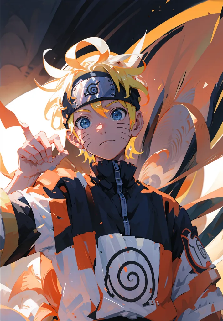 The image contains a young boy with spiky blond hair and blue eyes. He is wearing an orange and black jacket with a white collar. The jacket has a symbol on the back that resembles a leaf. The boy is also wearing a black headband with a metal plate on the front. The plate has a symbol on it that resembles a whirlpool. The boy is standing in a determined pose with his right hand raised in the air. He has a confident expression on his face. The background is a bright orange color.