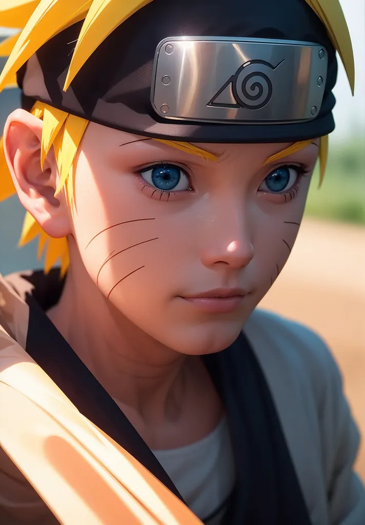 The image is a 3D rendering of Naruto Uzumaki, a character from the anime series Naruto. He is depicted as a young boy with spiky blond hair and blue eyes. He is wearing a black headband with a metal plate bearing the symbol of the Hidden Leaf Village. He is also wearing a white jacket with a black undershirt. The image is set in a forest, and Naruto is standing in a clearing. He is looking at the viewer with a determined expression.