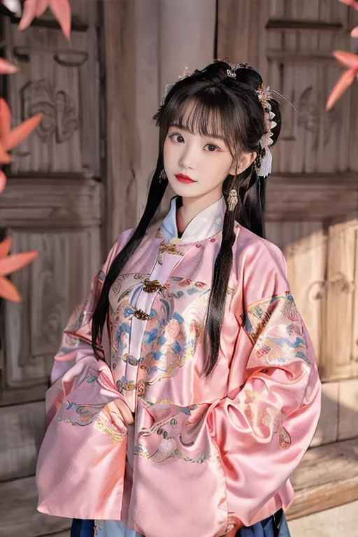 The image shows a young woman wearing a pink and blue hanfu, a traditional Chinese dress. The hanfu is decorated with intricate patterns and has a long, flowing skirt. The woman's hair is styled in a bun and she is wearing traditional Chinese makeup. She is standing in a doorway, with a red wall in the background.