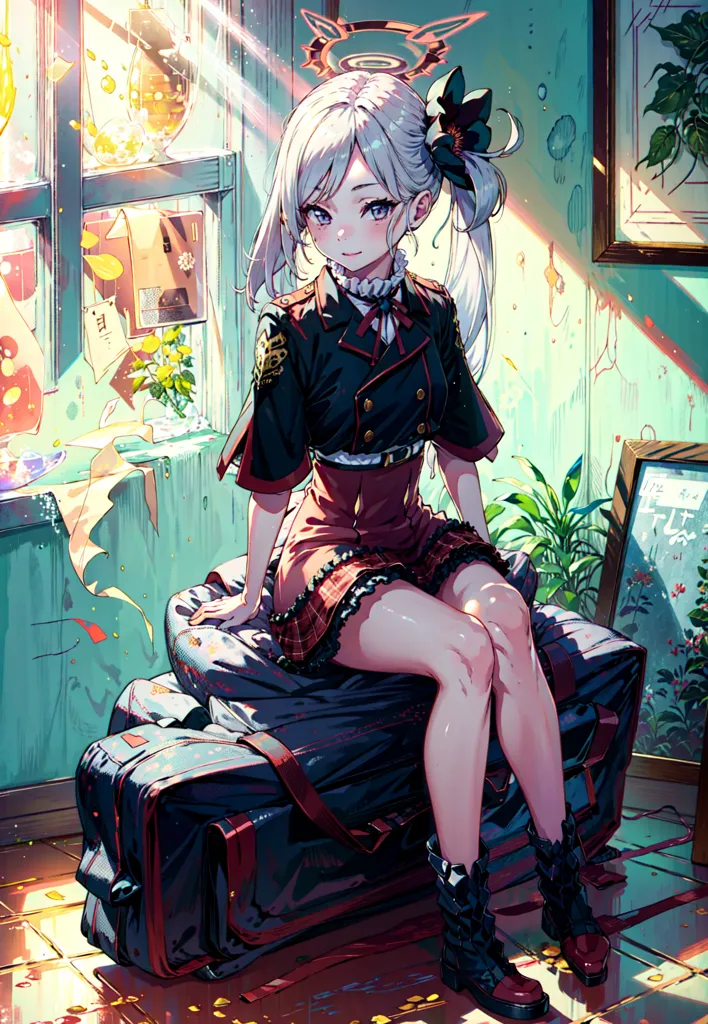 L'image est une illustration de style anime d'une jeune fille assise sur une grosse valise. Elle porte une tenue militaire rouge et noire avec un cravate blanche. Elle a de longs cheveux blancs et des yeux violets, et elle est assise les jambes croisées avec les mains sur les genoux. Elle regarde le spectateur avec un sourire doux. L'arrière-plan est un flou de bleu clair et de blanc, avec quelques plantes et photos sur le mur.