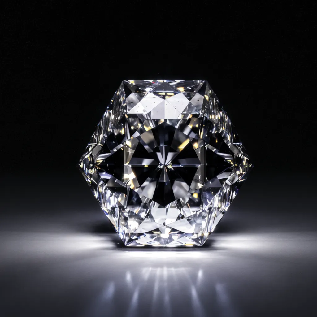 This is a picture of a large, clear diamond on a black background. The diamond is cut in a hexagonal shape and is surrounded by a black background. The diamond is reflecting light and is casting shadows on the black background. The diamond is also reflecting light from the camera, which is creating a white glow around the diamond. The diamond is very shiny and has a lot of sparkle.