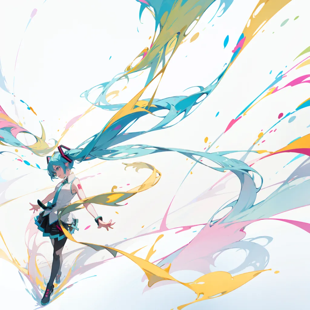 The image is a colorful illustration of a female character with long, flowing hair. She is wearing a white dress and black boots, and she has her arms outstretched. The background is white, and there are colorful splashes of paint all around her. The character is likely a Vocaloid, a virtual singer who uses synthesized vocals.