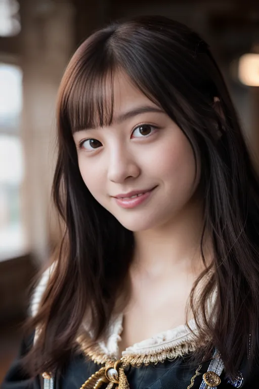 The image shows a young woman with long brown hair and bangs. She is wearing a black and gold dress with a white collar. She has a gentle smile on her face and is looking at the camera. The background is blurred and looks like a room with a window.