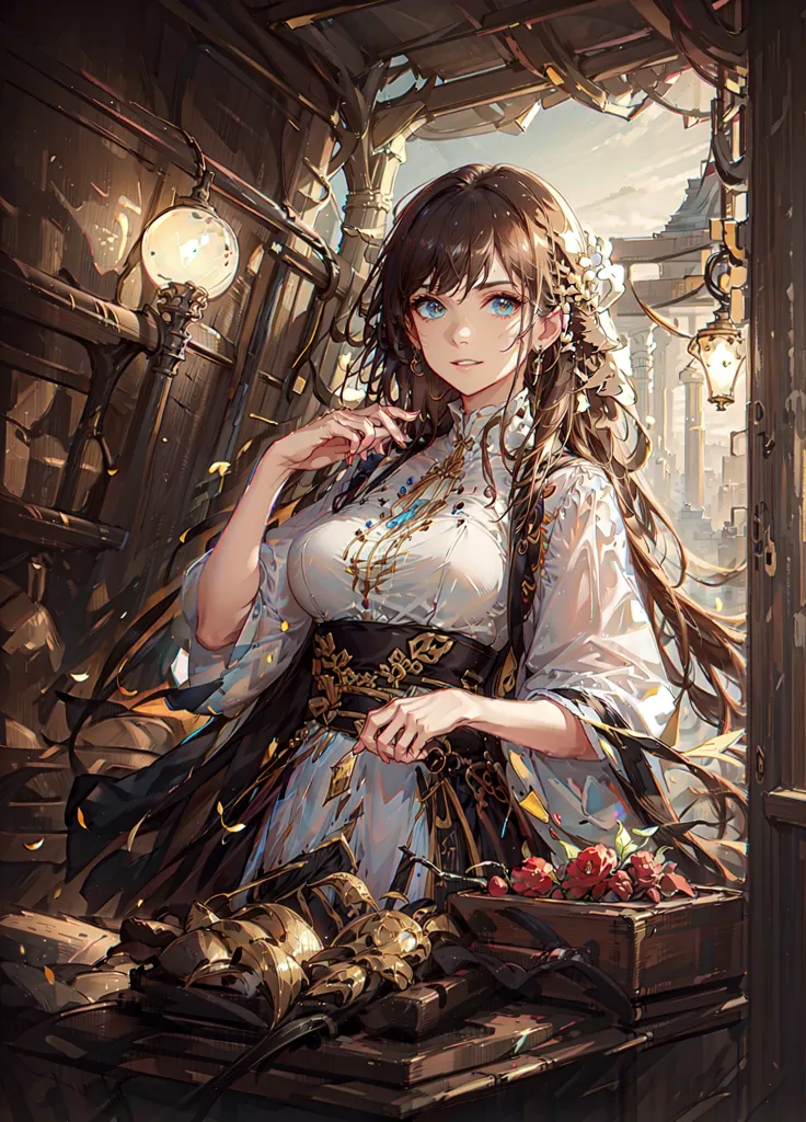 The image is a painting of a beautiful anime girl with long brown hair and blue eyes. She is wearing a white and gold dress with a black corset. There are some red roses on the table next to her. She is standing in a room with a wooden wall and a large window. There are some lanterns hanging from the ceiling. The painting is done in a realistic style and the colors are vibrant and lifelike.