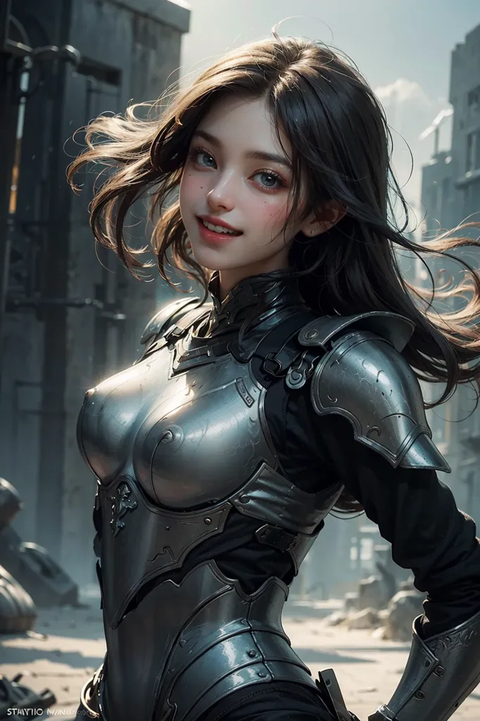 This is an image of a beautiful young woman with long brown hair and blue eyes. She is wearing a silver breastplate and a black bodysuit. She has a confident smile on her face and is standing in a fighting stance. The background is a blur of gray and brown, suggesting that she is in a war zone.