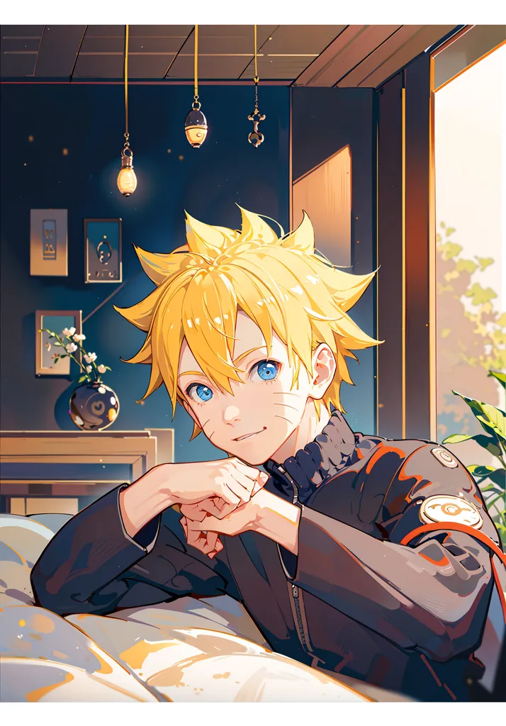 The image is of a young boy with blond hair and blue eyes. He is wearing a black jacket with a white shirt underneath. He has a friendly smile on his face and is looking at the viewer. The background is a room with a window, a bed, and some decorations on the walls. The overall style of the image is anime or manga.