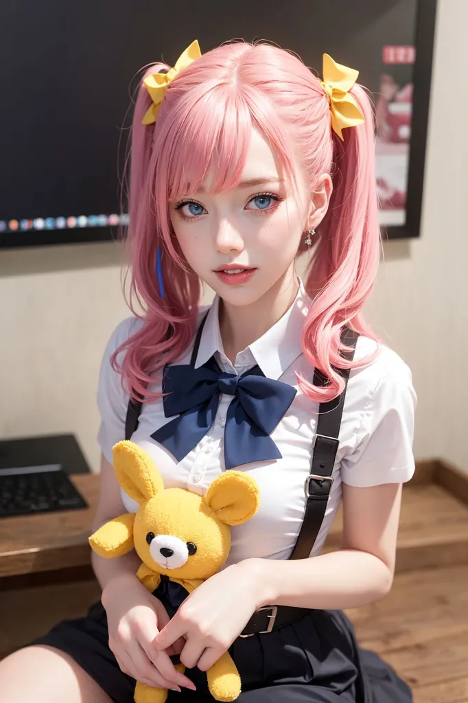 The image shows a young woman with pink hair and blue eyes. She is wearing a white shirt, a blue bow tie, and black suspenders. She is also wearing a yellow bow in her hair and has a stuffed animal in her hands. She is sitting in front of a computer desk and there is a shelf on the wall behind her.