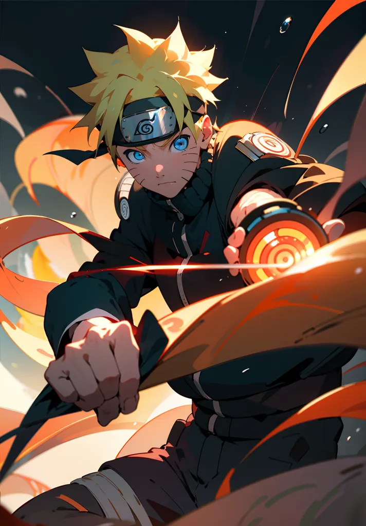 The image is of a young boy with spiky blond hair and blue eyes. He is wearing a black jacket with an orange scarf and a headband with a metal plate on it. He is in a fighting stance, with his right hand outstretched and his left hand holding a kunai. The background is a blur of orange and yellow.