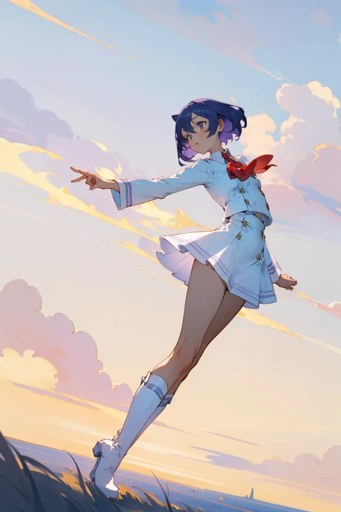 This is an illustration of a young girl in a white and blue sailor-style outfit. She has short blue hair and brown eyes. She is standing on a grassy field, with one foot in the air. She is pointing upwards with her right hand, and her left arm is outstretched. The sky is blue and cloudy, and there is a large ship in the distance.