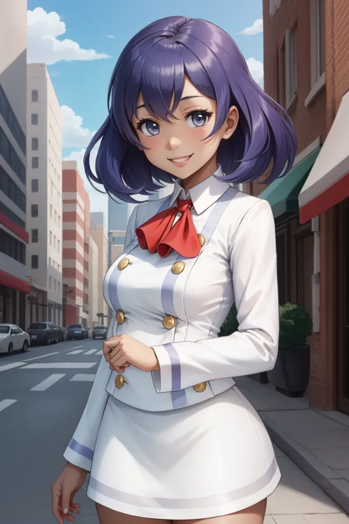 The image shows an anime-style girl with purple hair and blue eyes. She is wearing a white chef's coat with a red bow tie and a white skirt. She is standing in a city street, with buildings and cars in the background. The girl is smiling and has a happy expression on her face.