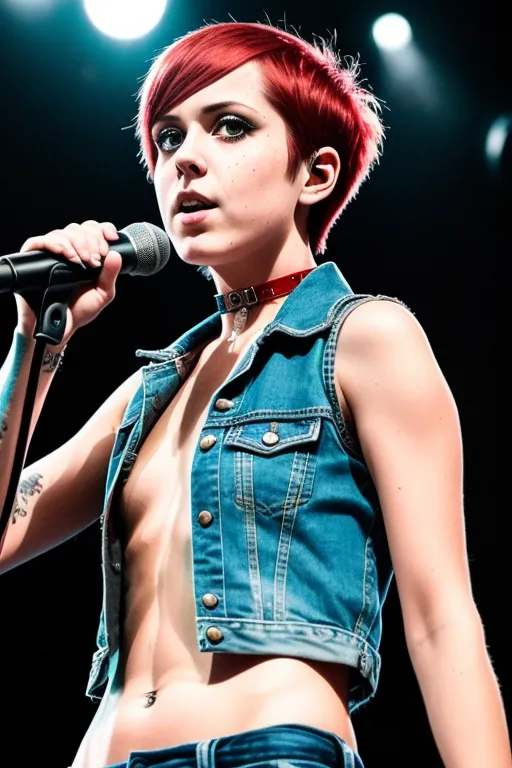 A young woman with short red hair and tattoos on her arms is singing into a microphone. She is wearing an unbuttoned denim vest, a red collar, and jeans. She is performing on stage under bright lights.