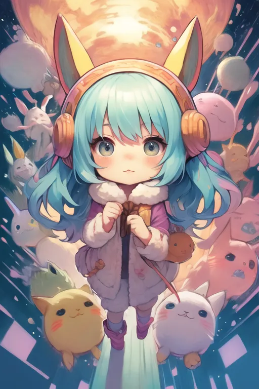 The image is of a chibi anime girl with long green hair and blue eyes. She is wearing a white jacket with a pink collar and hood, and has a pair of headphones on her head. She is surrounded by a group of small, cute animals, including rabbits, cats, and dogs. The background is a bright, colorful sky with a large moon in the distance. The overall style of the image is soft and cute.