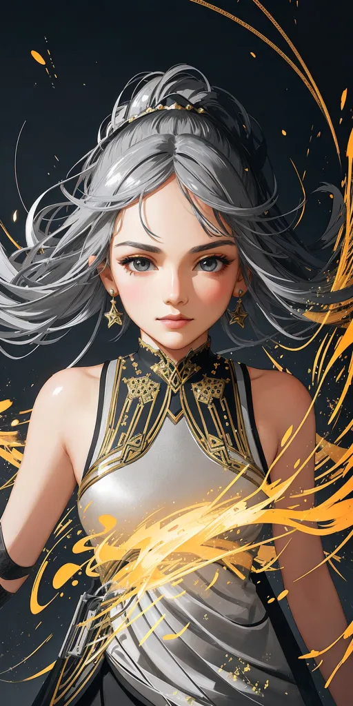 This is an image of a beautiful woman with long silver hair and golden eyes. She is wearing a white and gold dress with a high collar and a gold crown. She has a serious expression on her face and is looking at the viewer. There is a splash of yellow and orange paint-like substance around her. She is standing in front of a dark background.