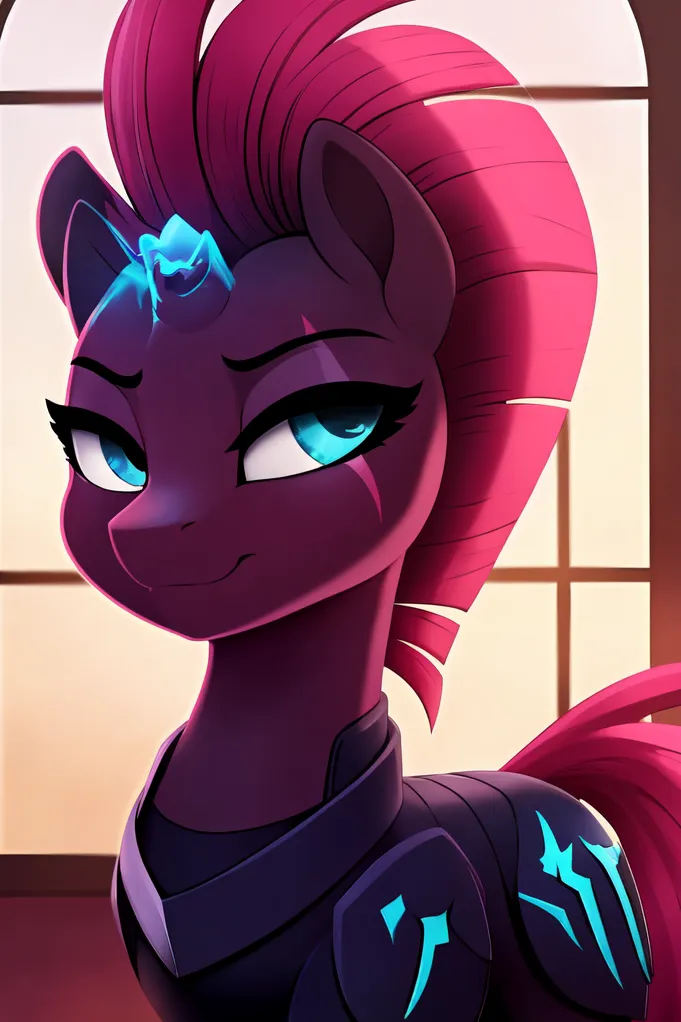 The image shows a pony with dark pink hair and blue eyes. She is wearing a dark purple armor with blue and white details. She has a confident expression on her face. The background is a blurry light pink.