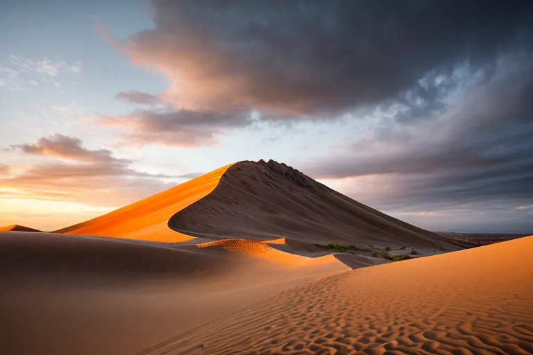 La imagen muestra una gran duna de arena en medio de un desierto. La duna es de un color dorado claro y está rodeada de dunas más pequeñas. El cielo es de un color azul oscuro y está lleno de nubes. El sol se está poniendo y está proyectando una luz rosa y púrpura sobre la duna. Hay algunas huellas en la arena.