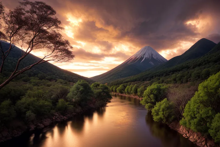 A imagem é uma bela pintura de paisagem. Ela mostra um rio largo em primeiro plano, com uma grande montanha ao fundo. A montanha está coberta de neve. O céu é um gradiente de laranja e amarelo. As árvores são verdes. A imagem é muito pacífica e serena.