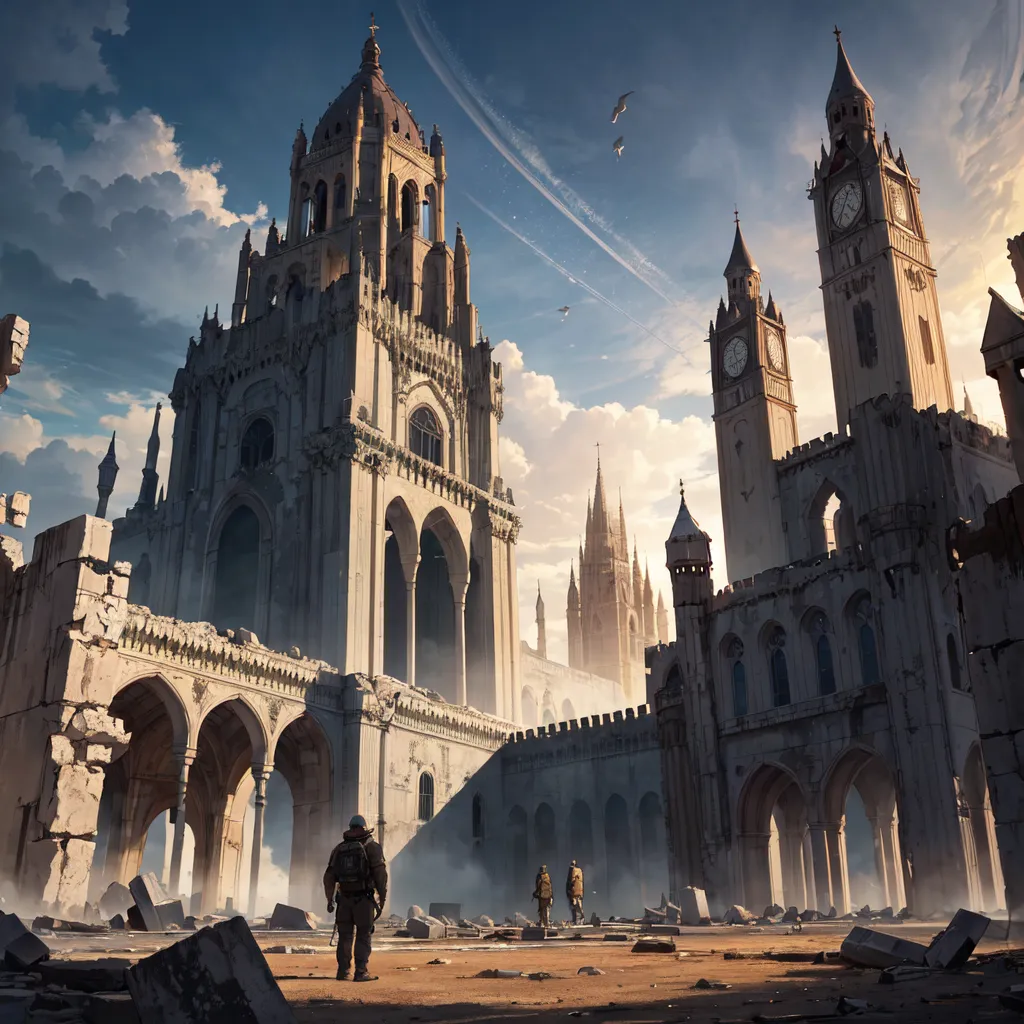 The image shows a ruined city. There are tall buildings, possibly the remains of skyscrapers, and a large clock tower. The buildings are in disrepair, with broken windows and collapsed roofs. The streets are empty, and there is no sign of life. The sky is cloudy, and the sun is not visible. The overall atmosphere of the image is one of desolation and ab