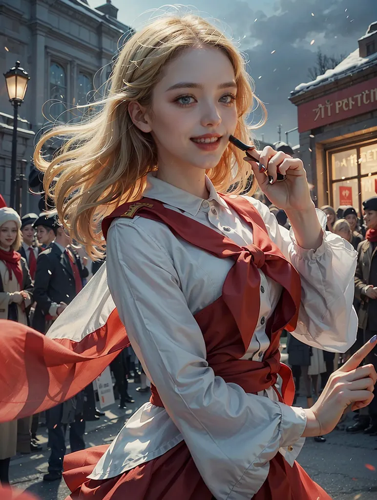 L'image montre une jeune femme, aux cheveux blonds et aux yeux bleus, portant une blouse blanche, une écharpe rouge et une jupe rouge. Elle se tient dans une rue, avec un grand bâtiment en arrière-plan. Il y a des gens qui marchent dans la rue, et il semble neiger. La femme a un sourire sur le visage et elle tient un stylo.