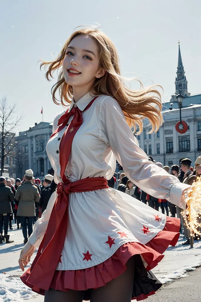 The image shows a young woman wearing a white blouse, red sash, and red skirt with white stars. She is standing in a snowy city square, surrounded by people. The woman has long blond hair and blue eyes, and she is smiling. She is wearing a traditional Russian headdress and a red scarf around her neck. The people in the background are dressed in winter coats and hats. The image is warm and inviting, and it captures the beauty of a winter day in Russia.