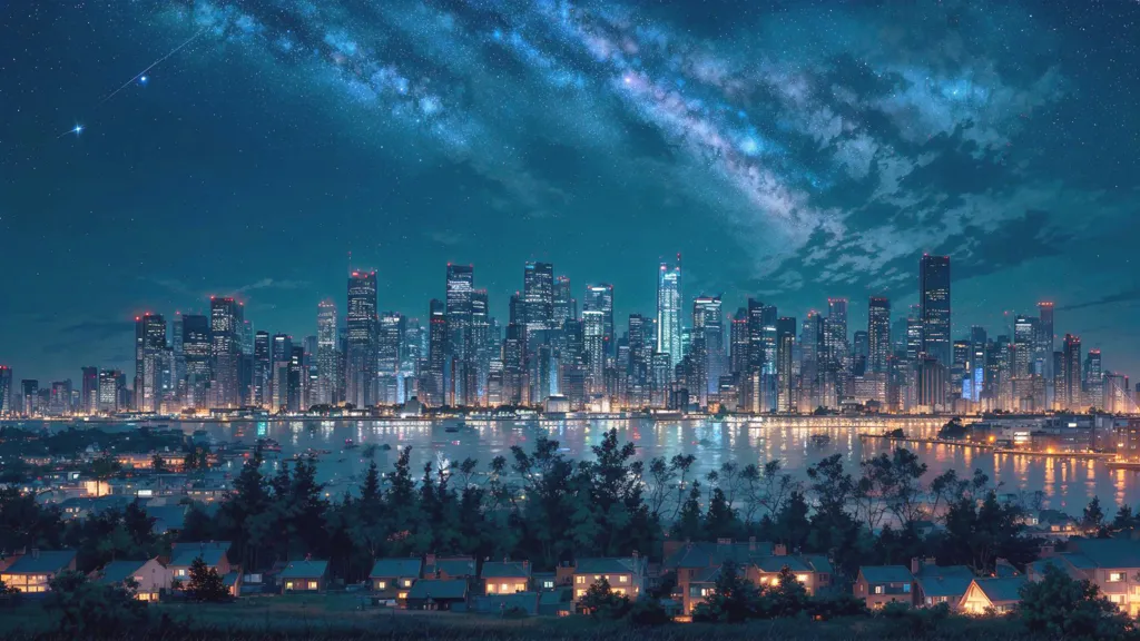 La imagen muestra una vista nocturna de una ciudad desde una colina. La ciudad está ubicada a orillas de un río o lago, y hay árboles y casas en primer plano. El cielo está oscuro y lleno de estrellas, y hay una luz brillante en el centro de la ciudad. La ciudad está llena de edificios altos, y las luces de los edificios se reflejan en el agua. La imagen es muy tranquila y serena, y le recuerda a la gente de