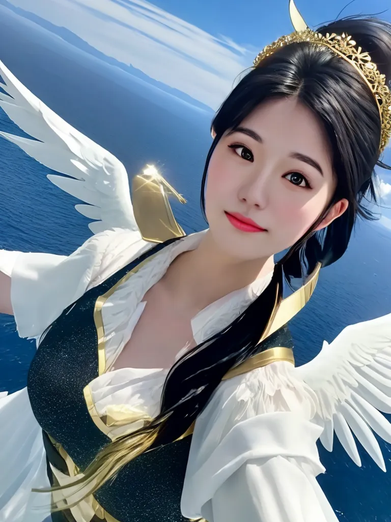 The image shows a beautiful young woman with long black hair and blue eyes. She is wearing a white and gold dress with a low neckline and a high slit. She has a pair of white wings and a gold crown on her head. She is standing in front of a blue ocean with a bright sky behind her.