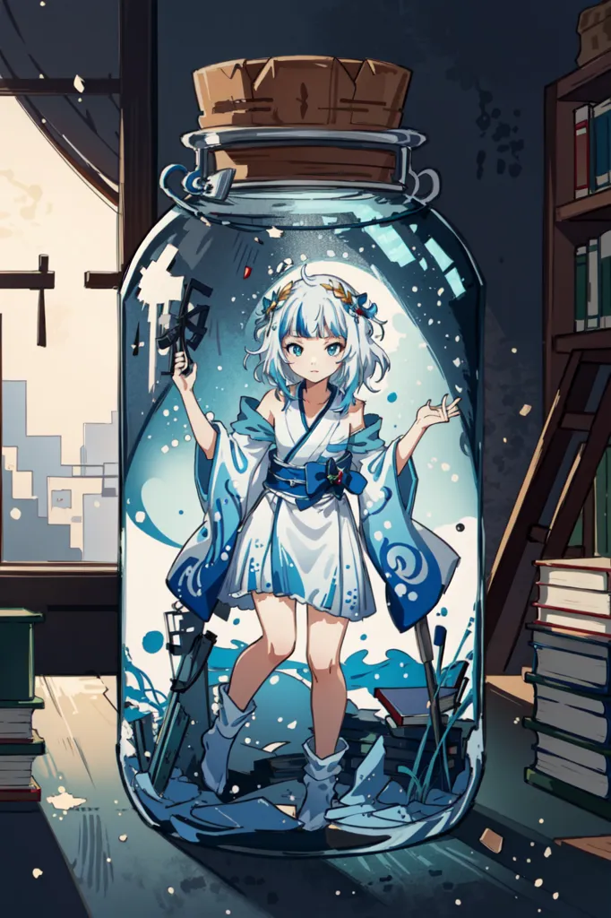 The image shows a girl with white hair and blue eyes wearing a white and blue kimono. She is standing in a glass jar filled with water. The jar is sitting on a wooden table in a library. There are bookshelves on all sides of the table. The girl is looking at the viewer with a smile on her face.