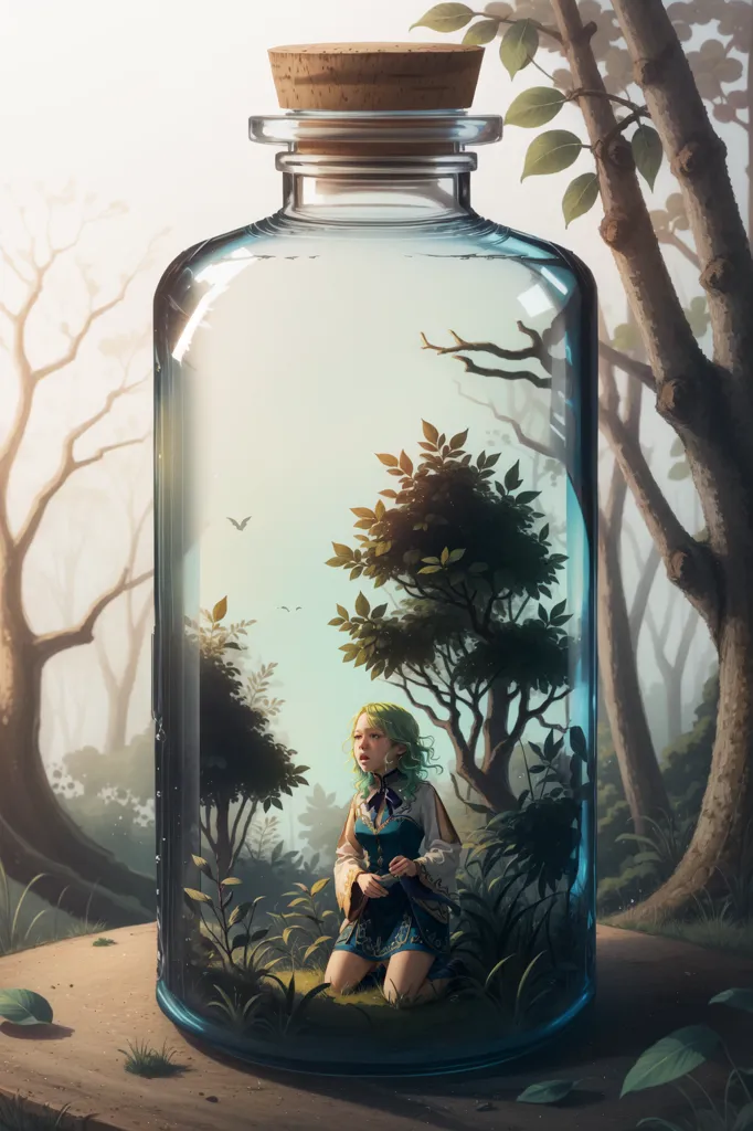 The image is a digital painting of a girl in a jar. The girl is wearing a white dress with green sleeves. She has long green hair and blue eyes. She is sitting on a rock in the jar. There are two trees in the jar with green leaves. The jar is sitting on a rock in a forest. There is a large tree next to the jar with bare branches.