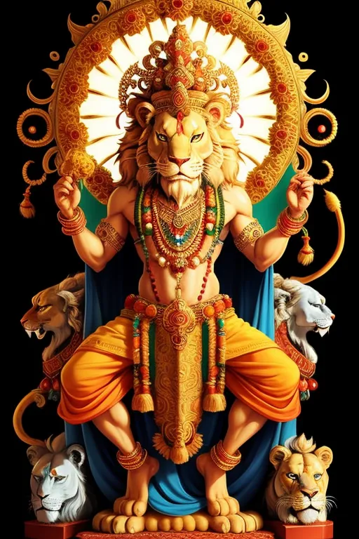 The image shows a man with the face of a lion. He is wearing a golden crown and a golden necklace. He is also wearing a yellow and orange skirt. He is sitting on a throne and there are four lions around him. The background is black and there is a golden sun behind the man's head.