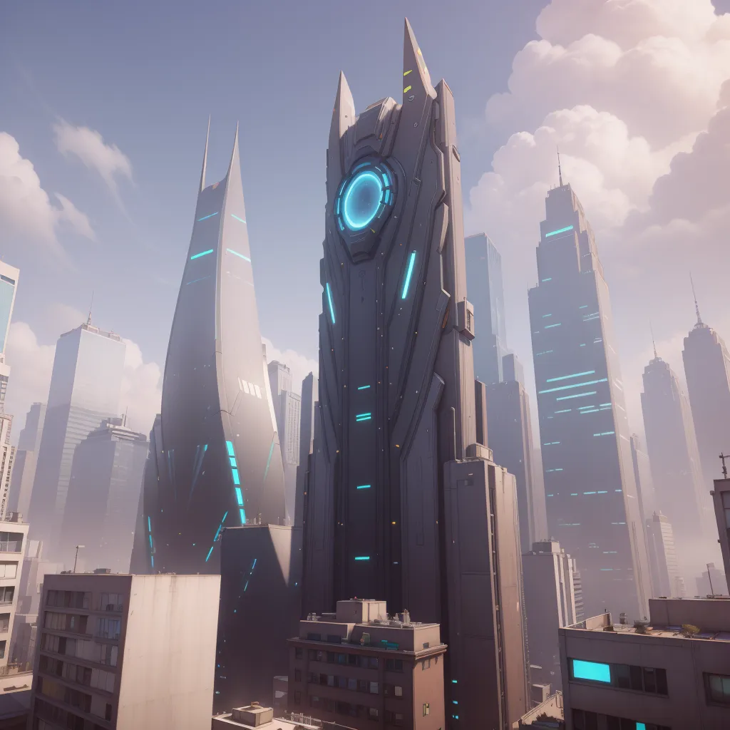 The image shows a futuristic city with tall skyscrapers and a blue sky. The buildings are made of glass and metal. In the center of the image is a large tower that is taller than all of the other buildings. It has a large blue orb at the top and blue lights running down its sides. The sky is hazy and there are some clouds in the distance.